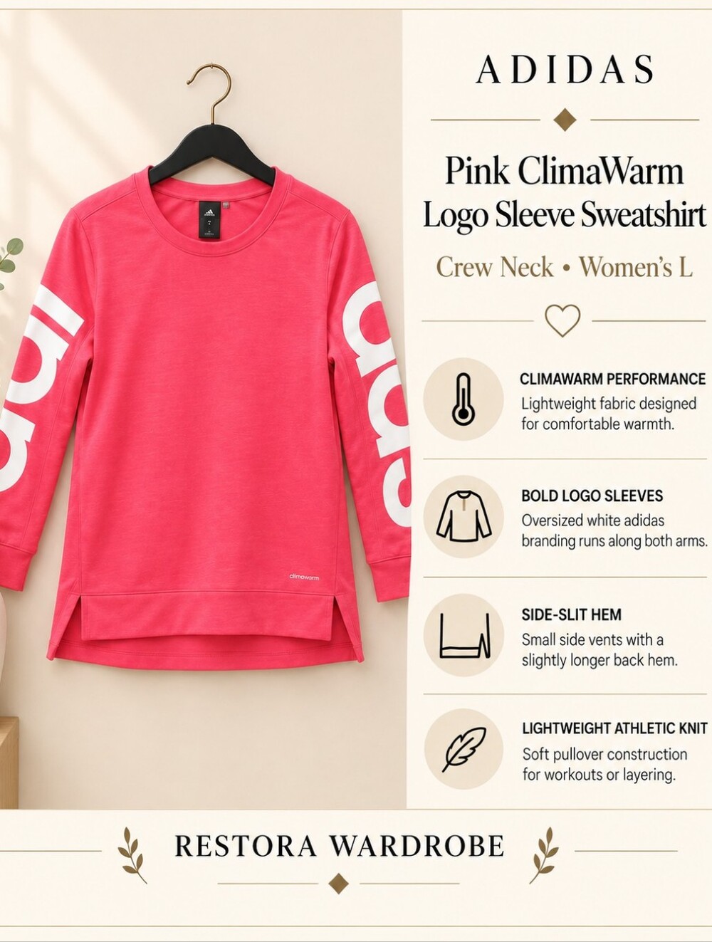 adidas Crewneck Sweatshirt Pink Logo Sleeve Climawarm Women’s L